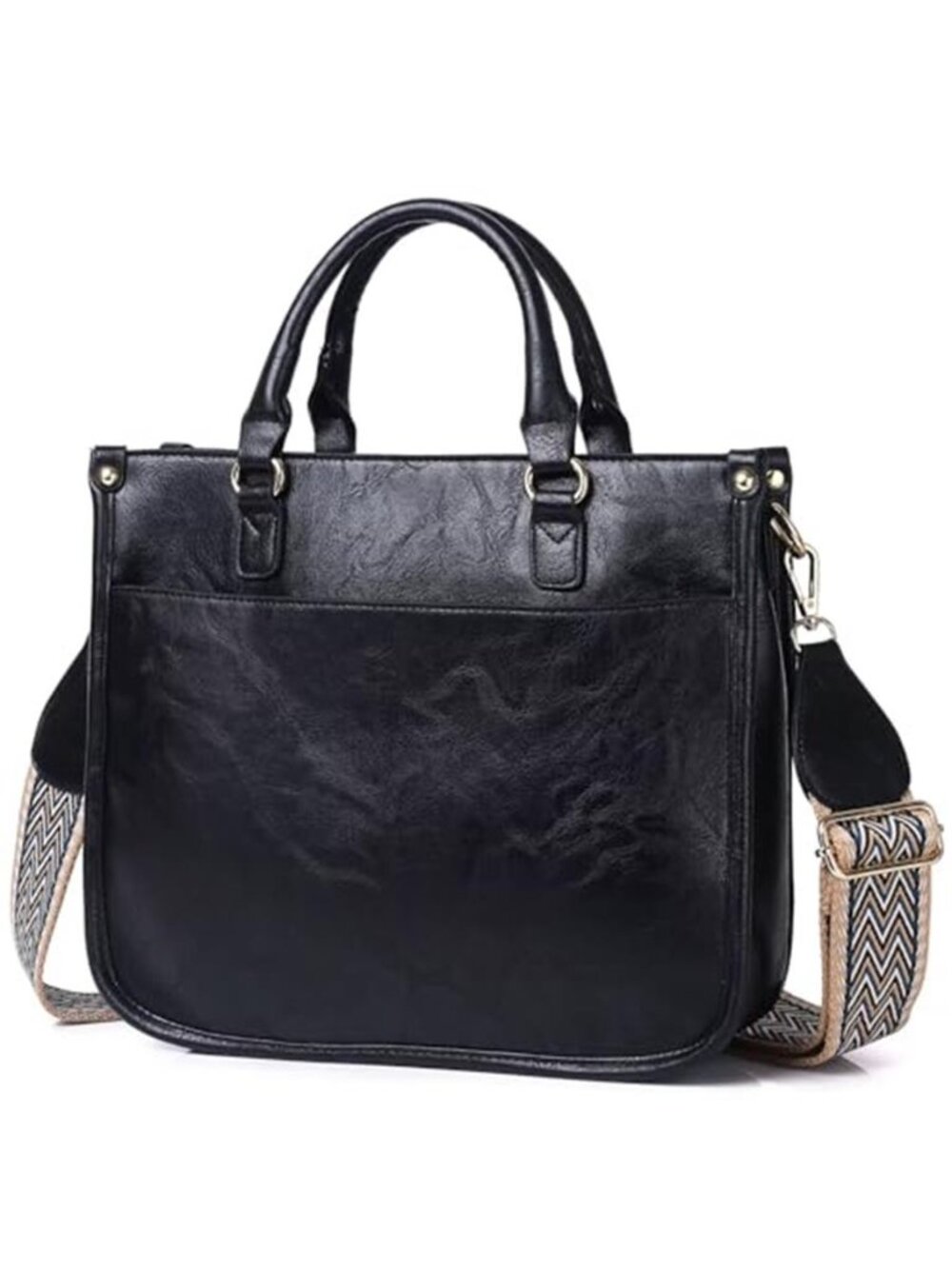 Vegan Leather Crossbody Bag Guitar Strap Shoulder Purse Multiple Pockets Black